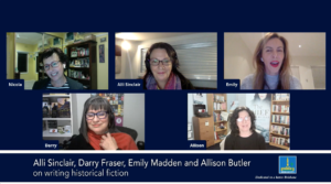 Alli Sinclair, Emily Madden, Darry Fraser, Allison Butler on writing historical fiction for a Brisbane Libraries virtual event. Live streamed by Queensland Live Streaming
